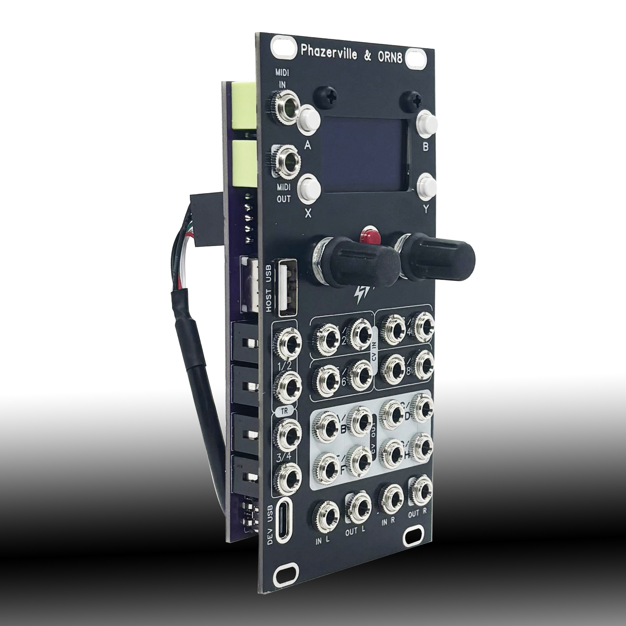 Eurorack modular synth module with many patch jacks, knobs, and a small display panel on a dark front plate.