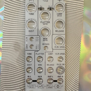 Front panel of a guitar effects pedal labeled Acidclank, with multiple knobs: Tone, Dust, Flutter, Depth, COMP DRIVE, WOW Depth, Release, Filter speed, and In/Out marks.