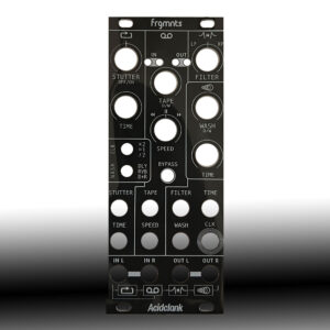 Close-up of a black modular synth panel with white labels and multiple circular knob holes; shows sections labeled STUTTER, TAPE, FILTER, TIME, SPEED and the brand name Acidclank.