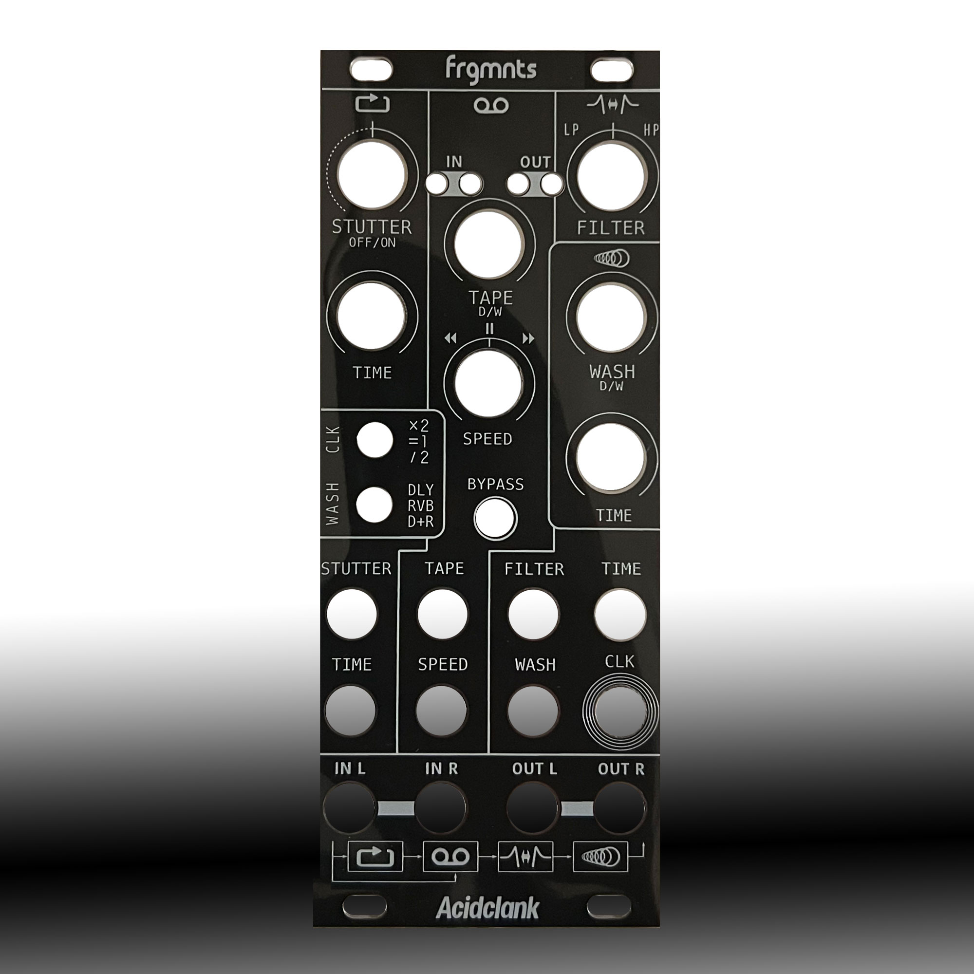 Close-up of a black modular synth panel with white labels and multiple circular knob holes; shows sections labeled STUTTER, TAPE, FILTER, TIME, SPEED and the brand name Acidclank.