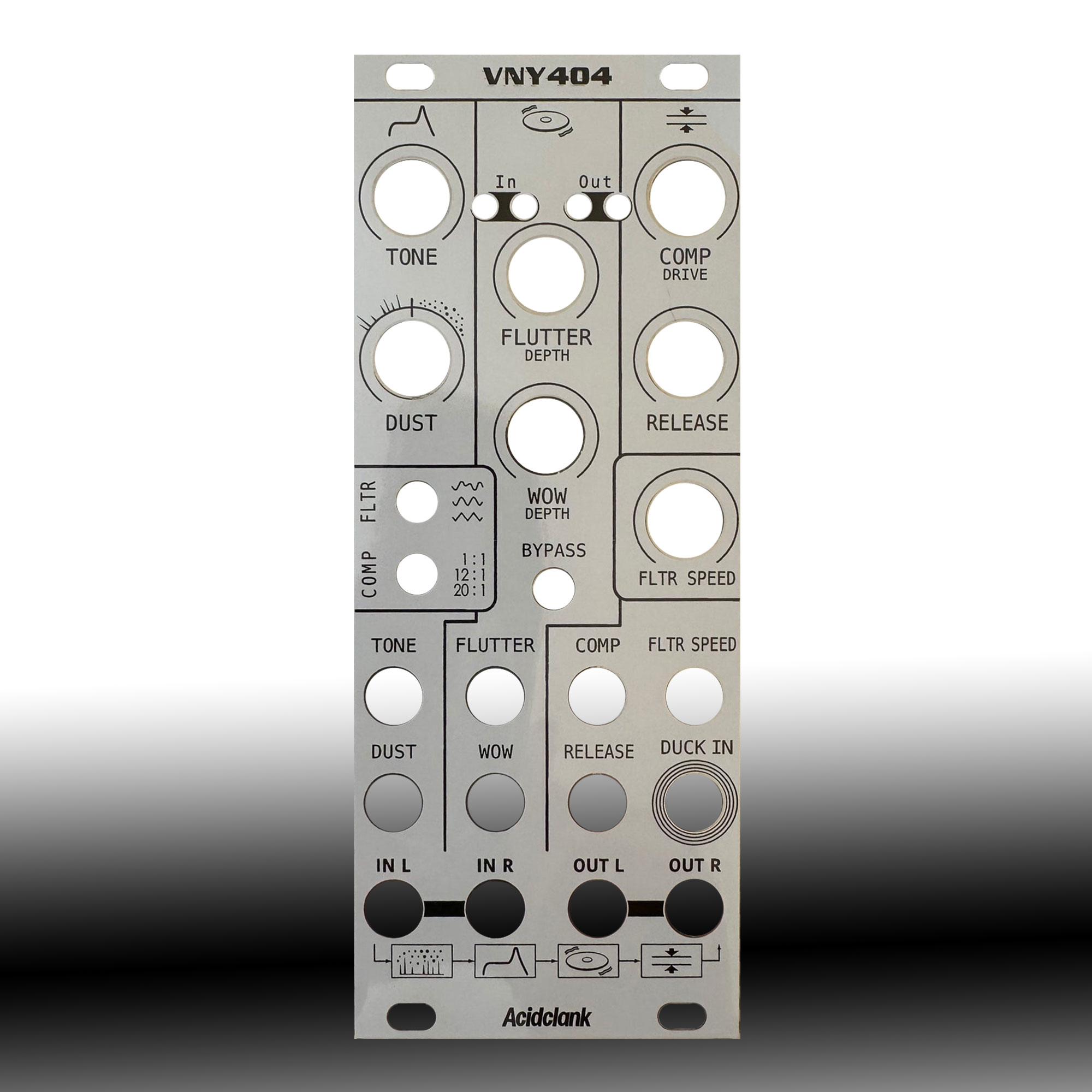 Front panel of a guitar effects unit labeled Acidclank, with knobs and ports including Flutter Depth, Tone, Dust, Wow, Release, and In/Out jacks.