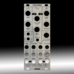 Close-up of a vintage synth/effects panel with multiple round knobs labeled Tone, Flutter Depth, Compress Drive, Dust, Release, Wow Depth, and Acidclank text visible at bottom.