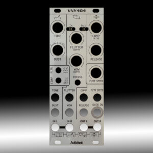 Close-up of a vintage synth/effects panel with multiple round knobs labeled Tone, Flutter Depth, Compress Drive, Dust, Release, Wow Depth, and Acidclank text visible at bottom.