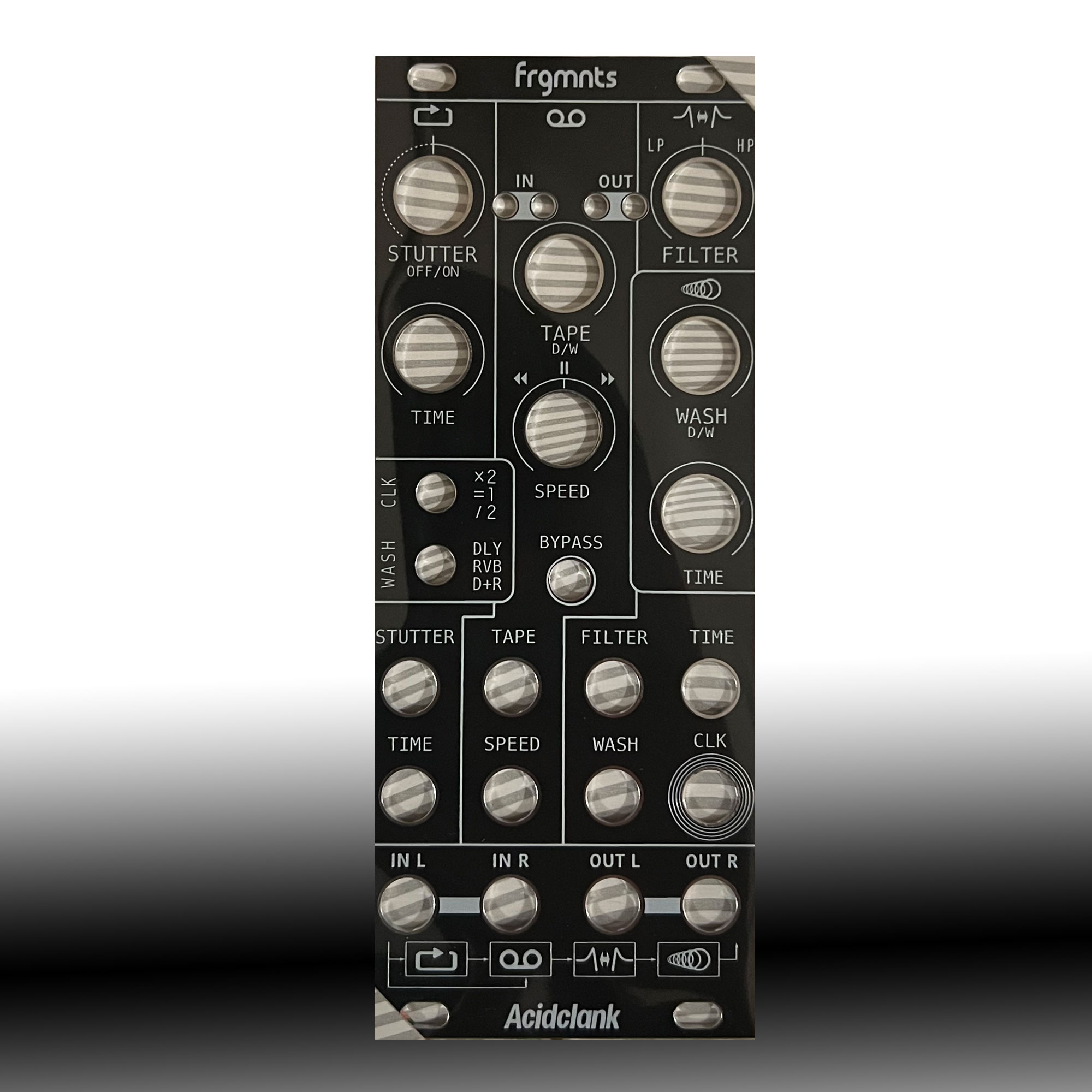 Close-up of a black audio effects panel with labeled knobs: STUTTER, TAPE, FILTER, TIME, SPEED, WASH, CLK, and a brand name at the top.